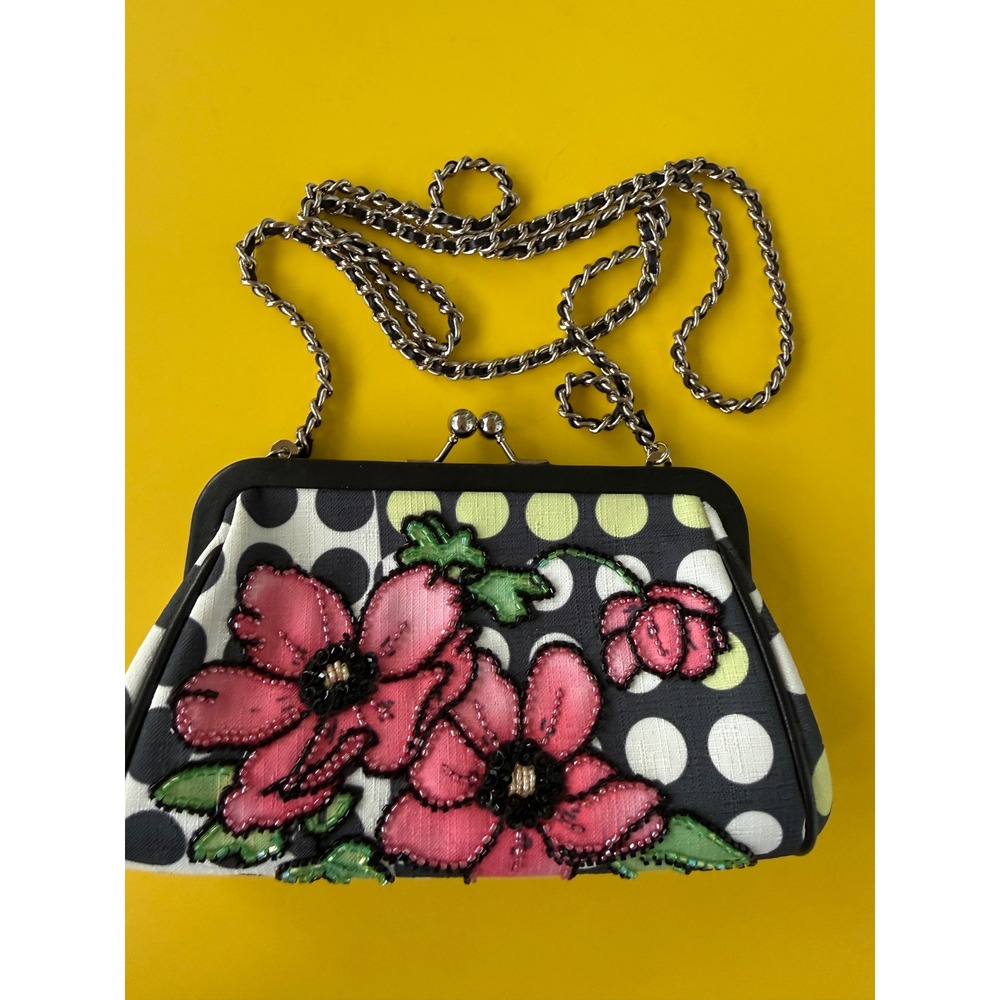 NWOT Isabella Fiore Beaded Floral Polka Dot Kiss Lock Crossbody Bag Y2K Indie